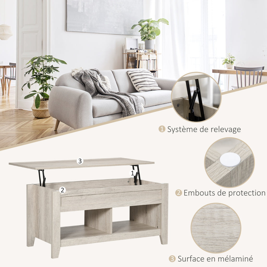 Table basse plateau relevable, table de salon avec étagères et compartiment caché,105 x 50 x 49-62,5 cm pour salon, chambre, aspect chêne clair-5
