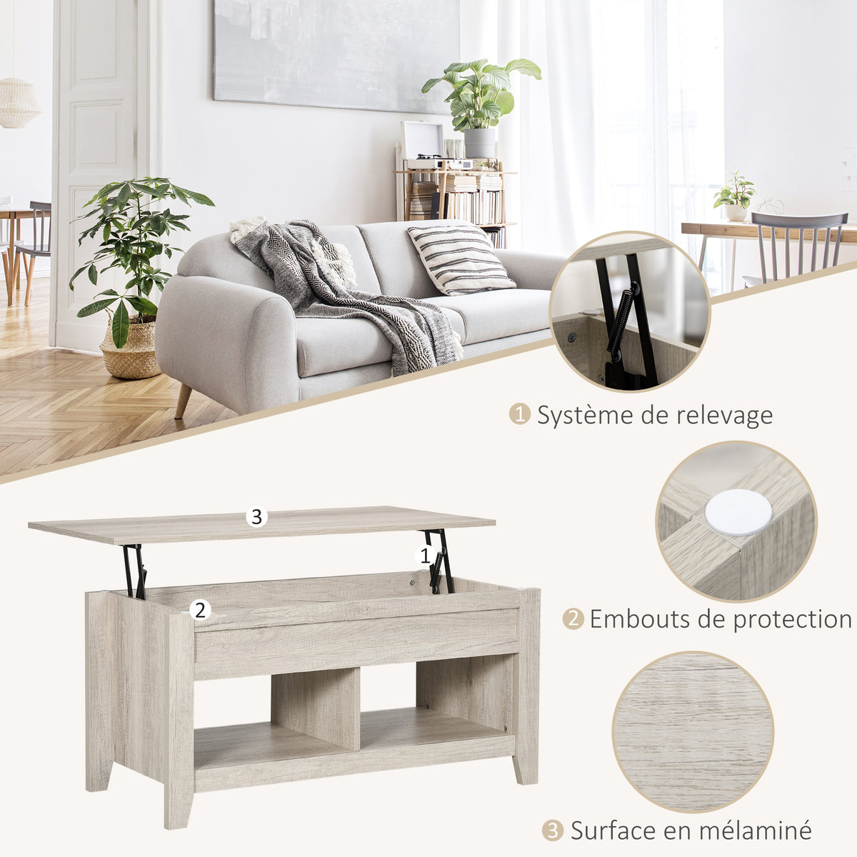 Table basse plateau relevable, table de salon avec étagères et compartiment caché,105 x 50 x 49-62,5 cm pour salon, chambre, aspect chêne clair-5