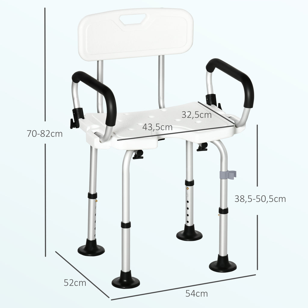 Chaise de douche, tabouret de douche réglable en hauteur avec dossier et accoudoirs rabattables, assise U, pieds antidérapants à ventouses, pour personnes âgées et handicapées, alu HDPE, blanc-2