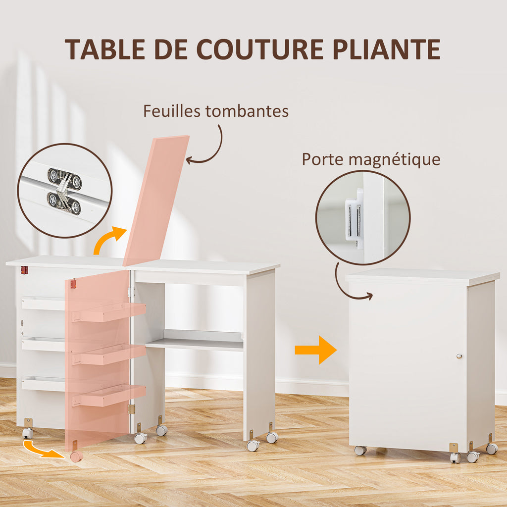 Table de couture pliante meuble couture à abattant avec bacs de rangement, étagère ouverte et roulettes, blanc-3