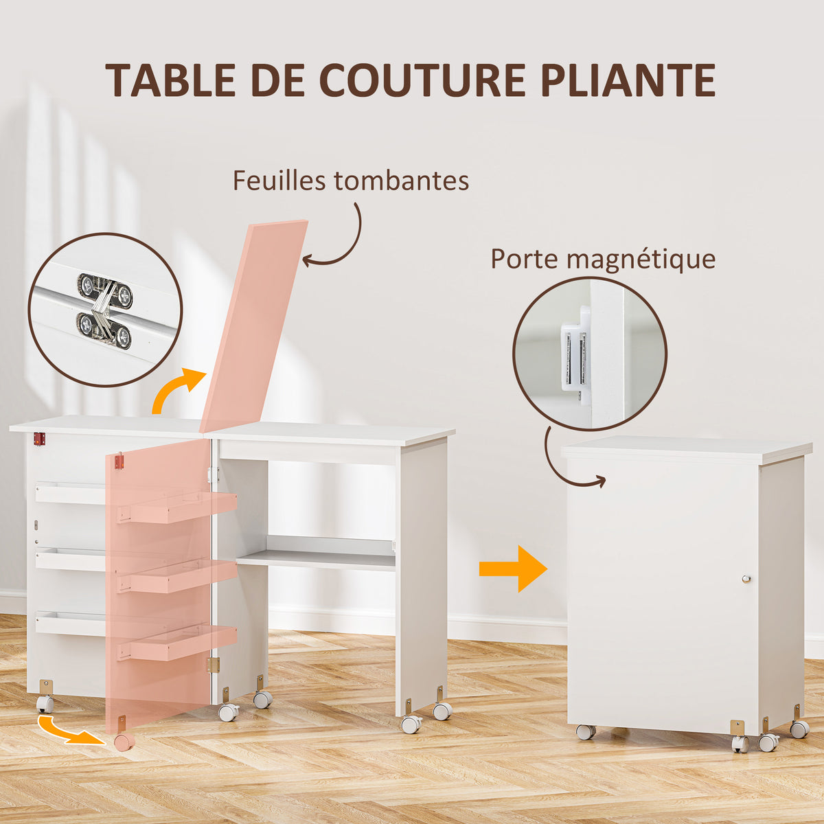 Table de couture pliante meuble couture à abattant avec bacs de rangement, étagère ouverte et roulettes, blanc-3