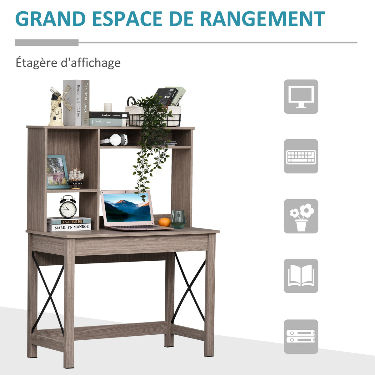 Bureau avec rangement bibliothèque en bois moderne avec étagères et grand plateau pour petits espaces maison-3