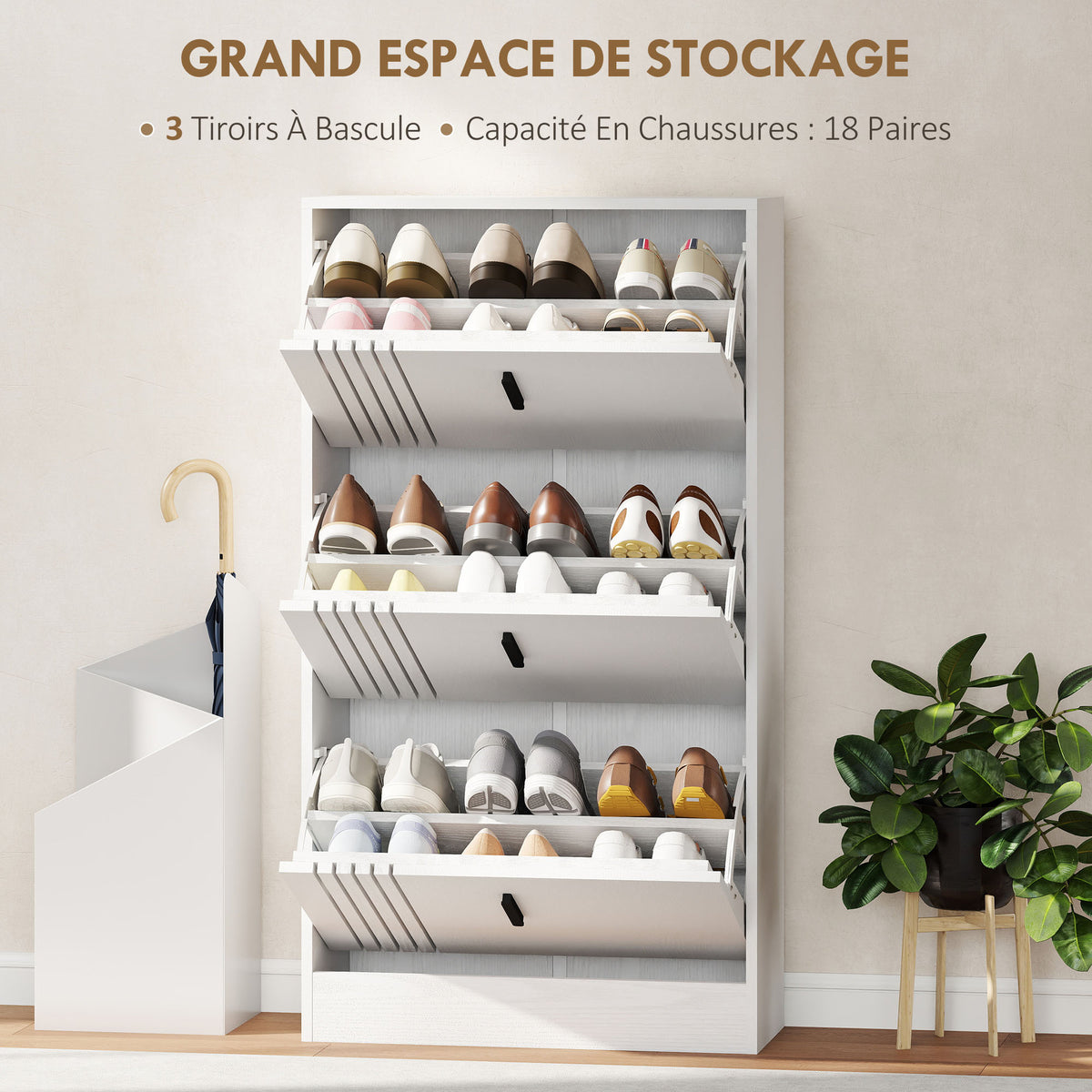 Meuble à chaussures armoire à chaussures à 3 abattants 18 paires grande capacité en bois 63 x 24 x 117 cm blanc-3