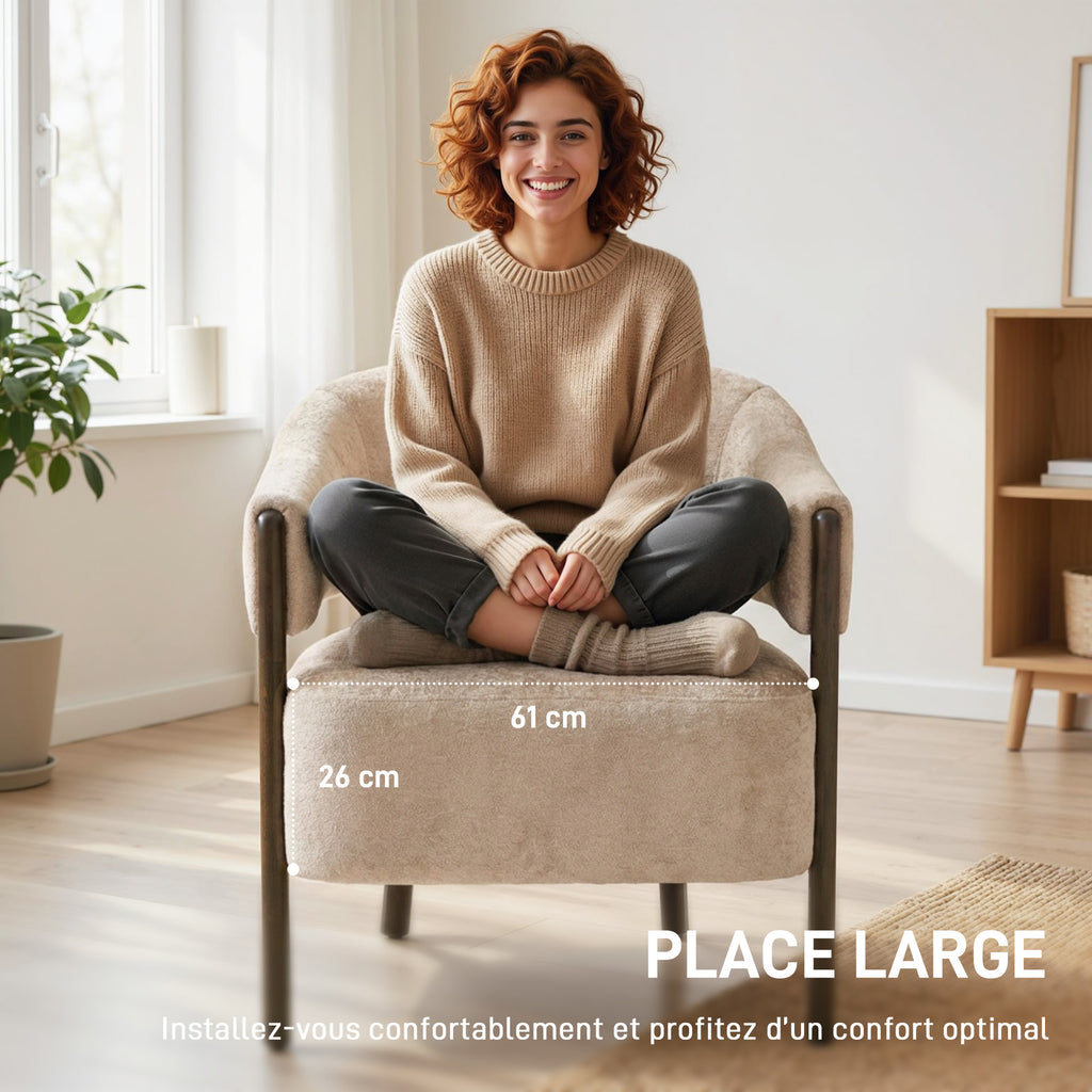 Fauteuil de salon en chenille, chaise rembourrée, assise large, dossier ergonomique, accoudoirs, 71x63,5x78,5cm, beige-3