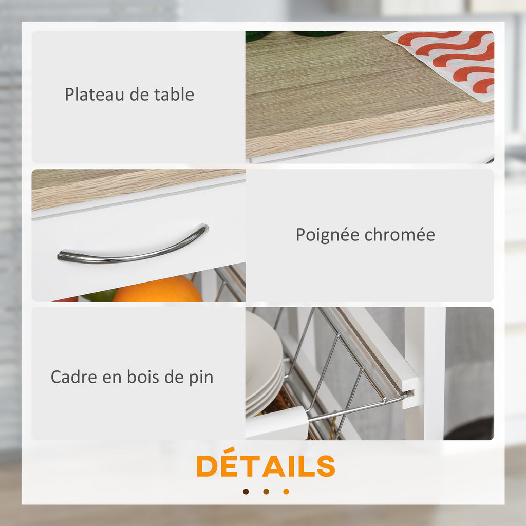 Chariot de service desserte à roulettes multi-rangements 4 paniers métal + tiroir bois de pin 37 x 37 x 82 cm blanc-5