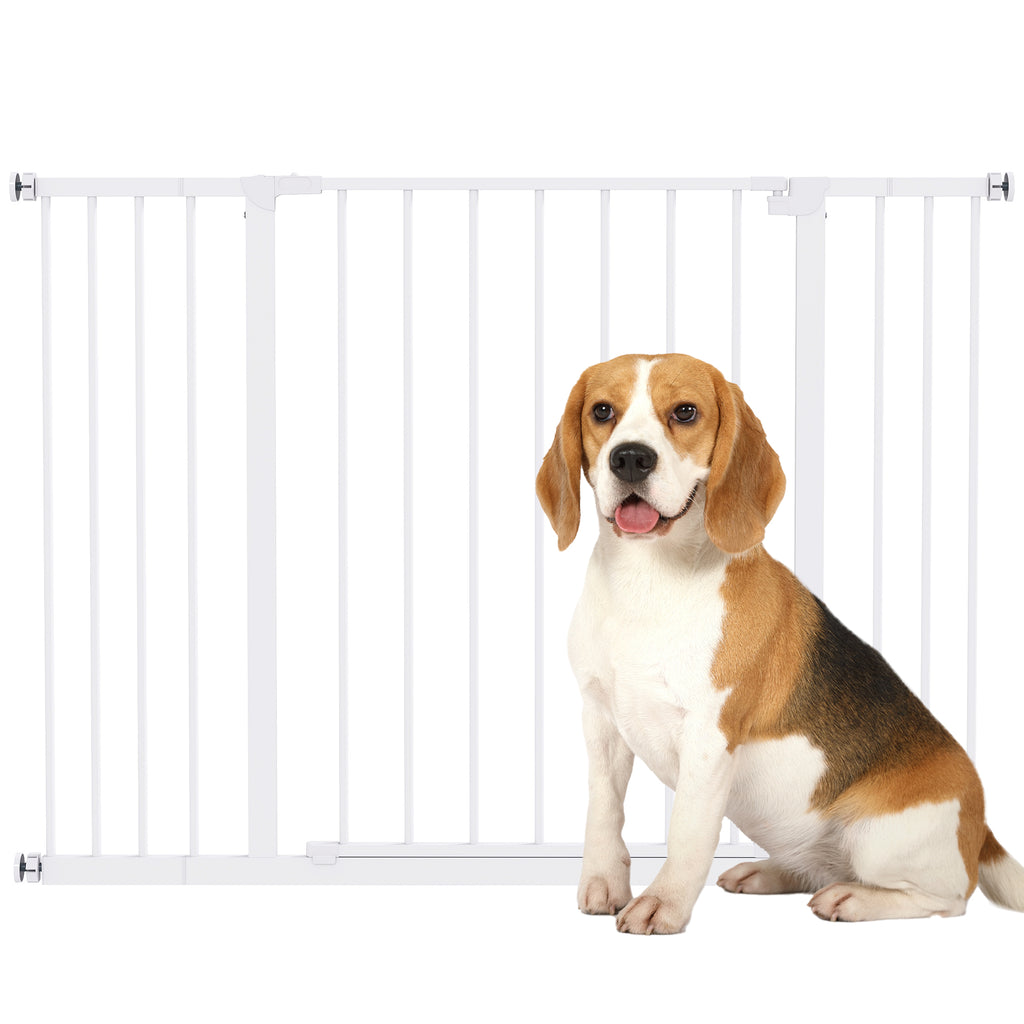 Barrière de Sécurité Chien Réglable 76-107 cm, avec 2 Rallonges (10/15 cm), Ouverture d'une Main, sans Perçage, Blanc-0