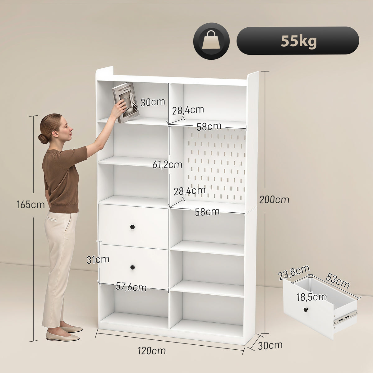 Bibliothèque, Étagère 6 Niveaux, 120 x 30 x 200 cm, Meuble de Rangement avec 2 Tiroirs et Panneau Perforé, Blanc-2