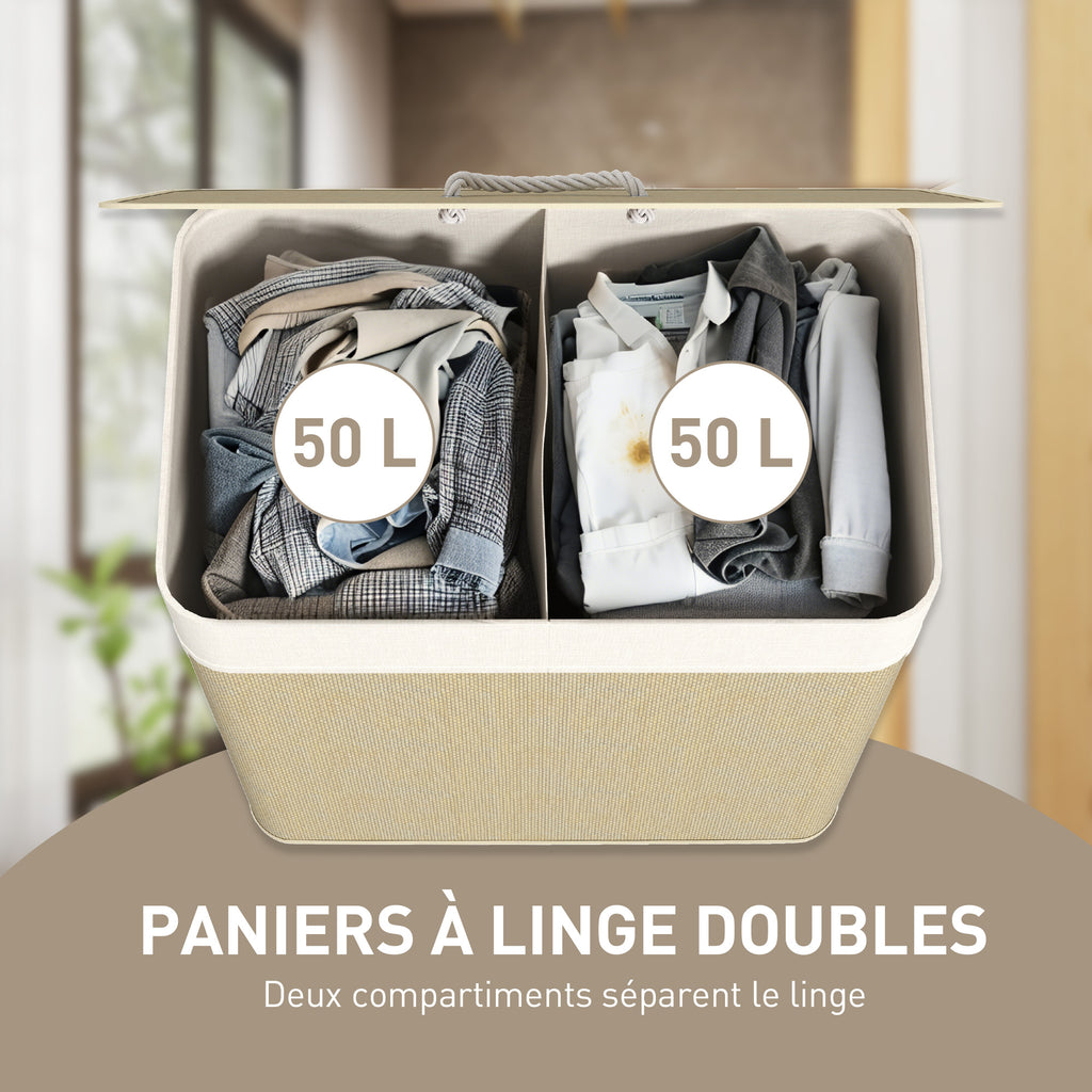 Panier à linge double avec couvercle, panier à linge en bambou 100 L avec poignées en corde-3