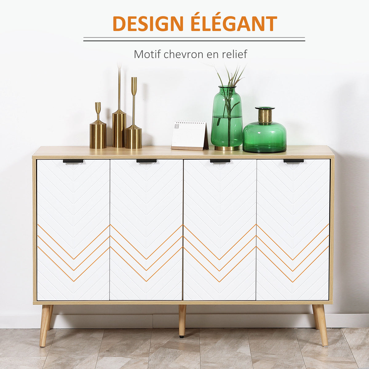 Buffet bas meuble de rangement 2 placards 4 portes motif chevrons étagères réglables 120 x 35 x 77,4 cm blanc-4