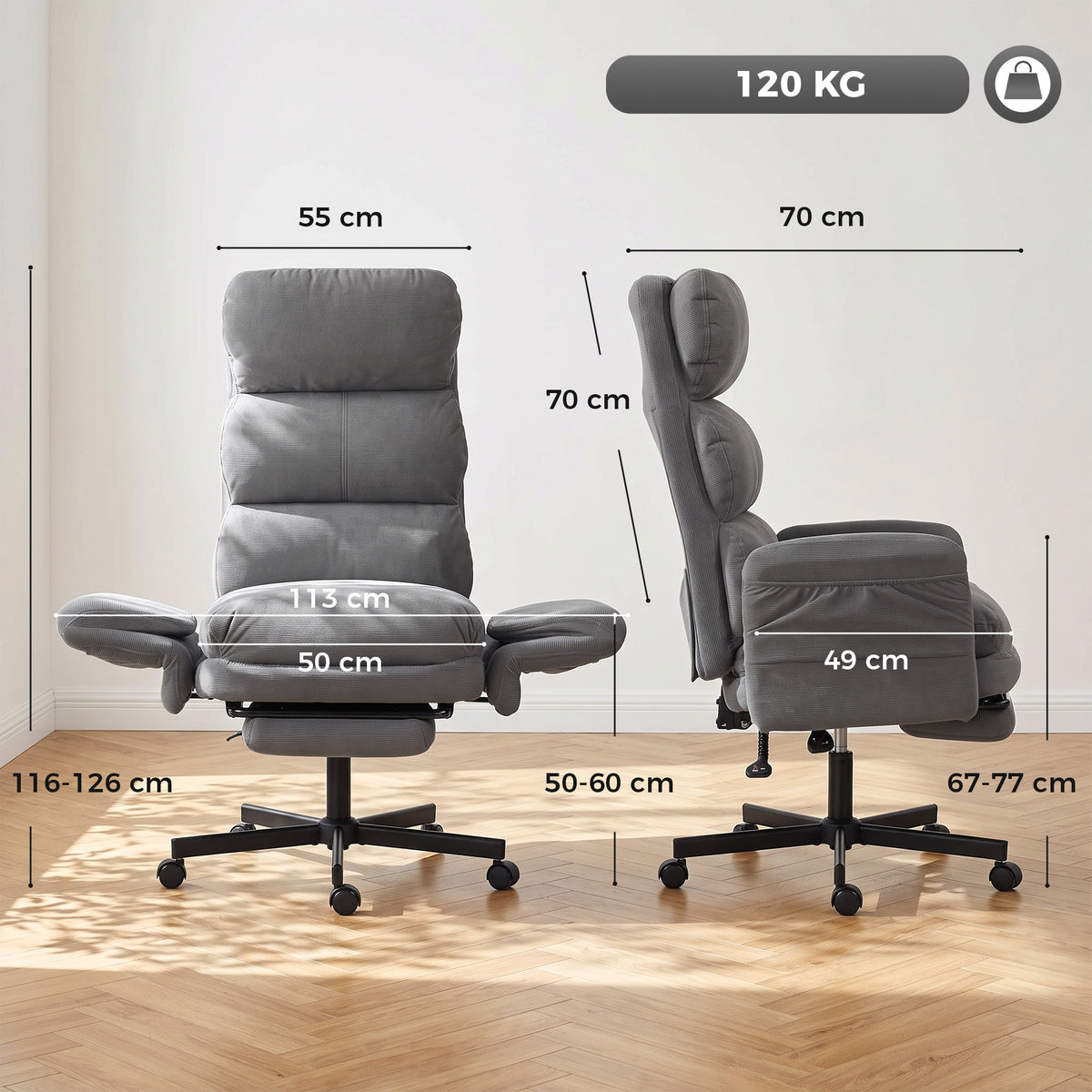 Chaise Bureau Ergonomique, Accoudoirs Rabattables, Appui-tête Réglable, Fauteuil Bureau Inclinable Velours Côtelé, Gris-2