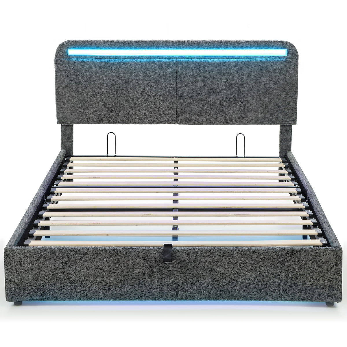 Lit coffre 140 x 190 cm avec éclairage LED, tête de lit réglable, cadre de lit double, sommier à lattes en bois, gris-0