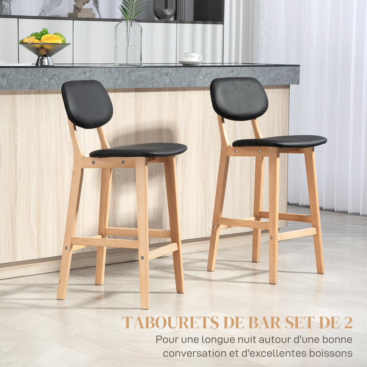 Lot de 2 tabourets de bar, chaises hautes, revêtement synthétique avec dossier et pieds en bois, noir-3