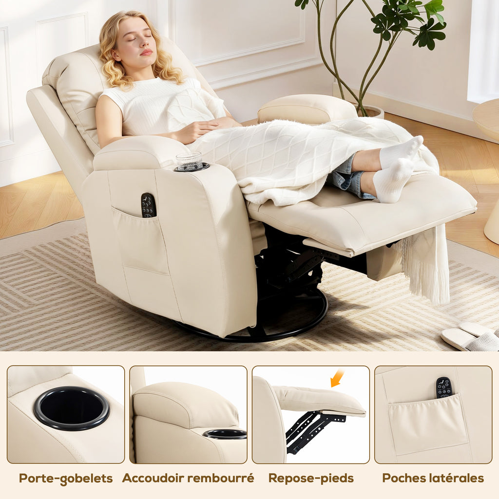 Fauteuil inclinable de massage et chauffage, fauteuil de relaxation, dossier réglable, pivotant 360°, 82x99x103cm, crème-6