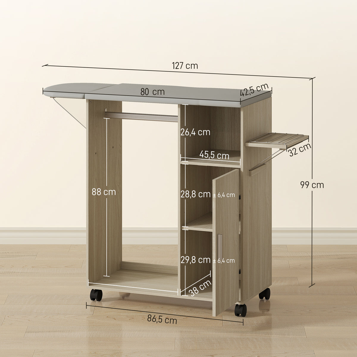Armoire à repasser sur roulettes, table à repasser pliante, étagère réglable, barre de suspension, 127x42,5x99cm naturel-2