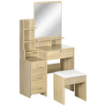 Ensemble de coiffeuse table de maquillage avec tabouret rembourré grand miroir + plusieurs étagères ouvertes + 4 tiroirs bois naturel-0