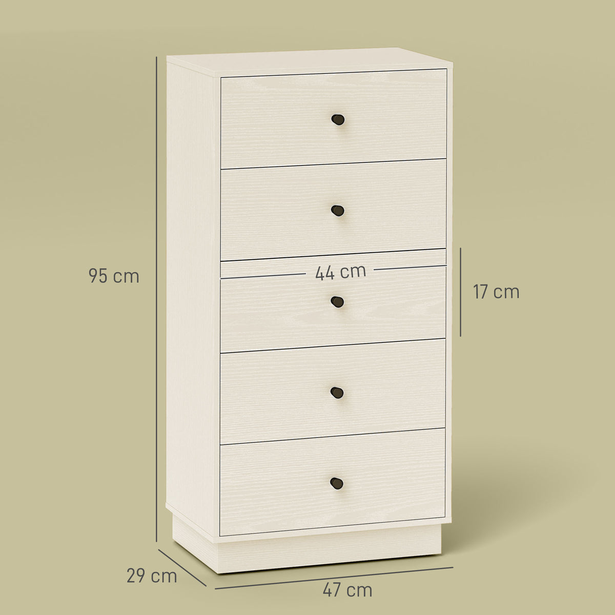Commode 5 tiroirs, meuble de rangement haut et étroit, style moderne pour chambre à coucher, salon - 47x29x95cm, crème-2
