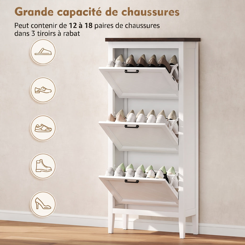 Meuble à chaussures 18 paires, armoire à chaussures étroite avec 3 tiroirs rabattables et étagères réglables, blanc-4