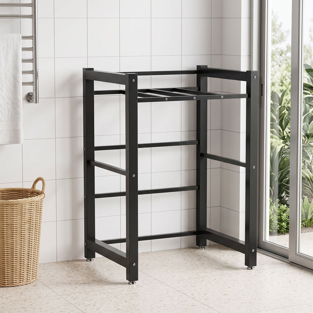 Support de superposition lave-linge/sèche-linge, 300 kg, avec pieds réglables et barre de séchage, noir-1