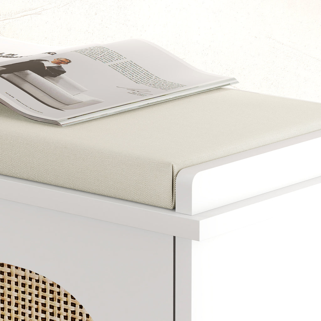 Banc à chaussures, banc de rangement, assise rembourrée, tiroir rabattable, porte en rotin, 80 x 26 x 47,5 cm, blanc-8
