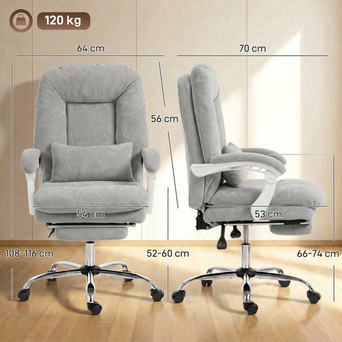 Chaise bureau ergonomique, fauteuil de bureau inclinable en velours avec support lombaire, hauteur réglable, gris clair-2