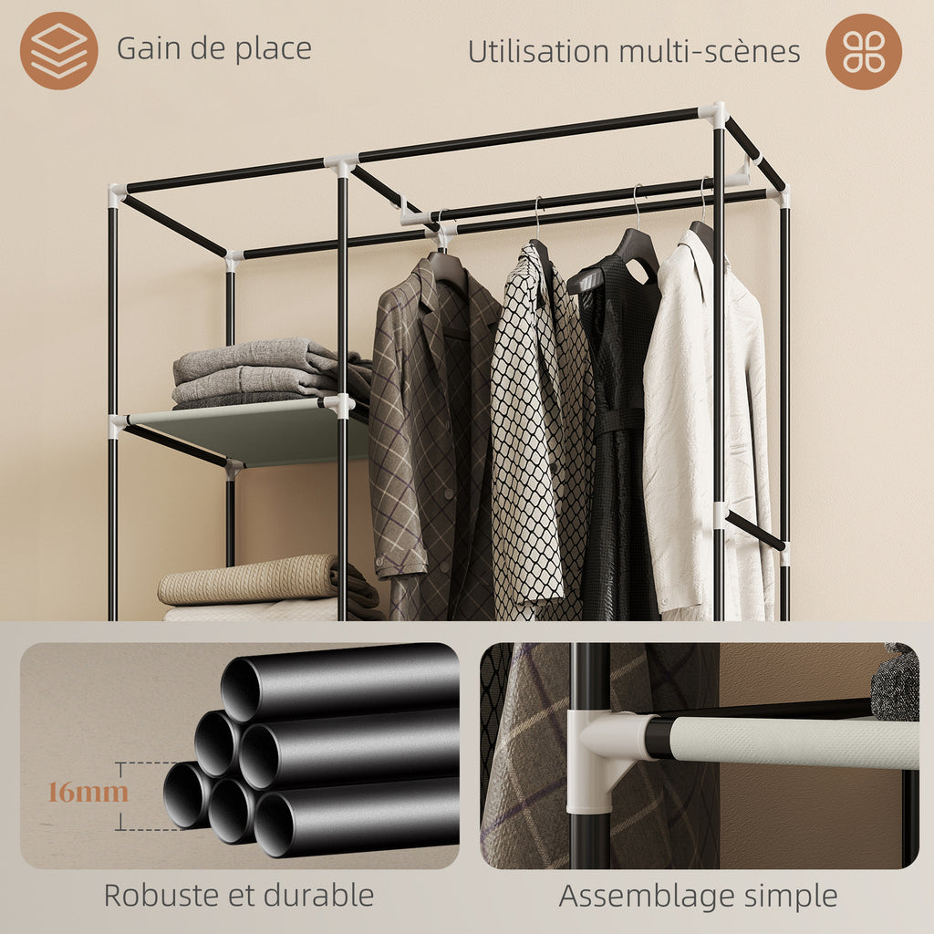 Armoire penderie en tissu meuble de rangement 6 roulettes tringle à vêtements et étagères ouvertes 103x43x162,5cm crème-5