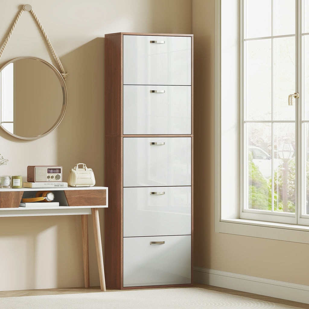 Armoire à Chaussures Meuble à Chaussures 5 Portes abattantes Bicolore Blanc Marron foncé Imitation Bois-7