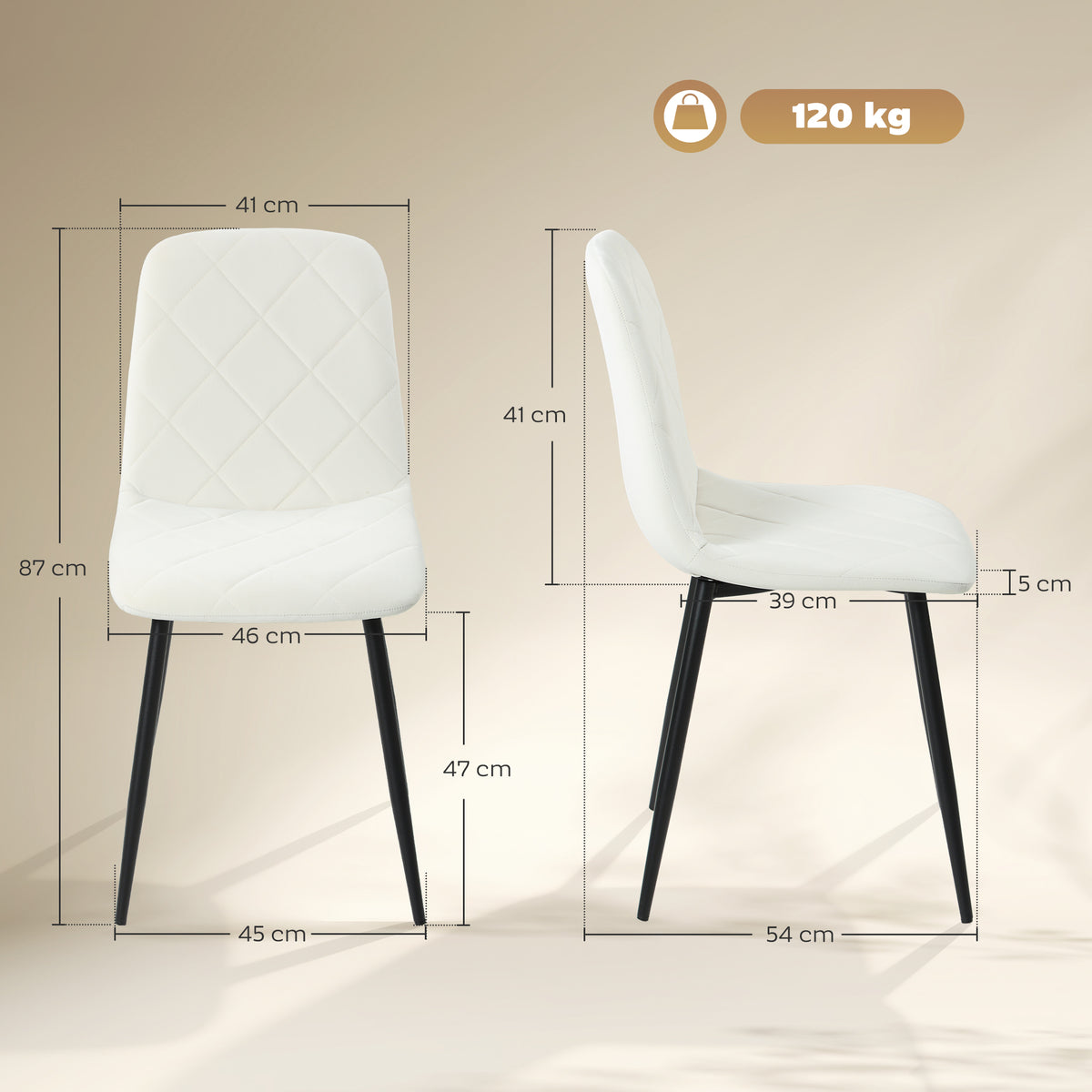 Lot de 4 chaises de salle à manger rembourrées avec dossier haut, pieds en acier et tissu effet velours, crème-2