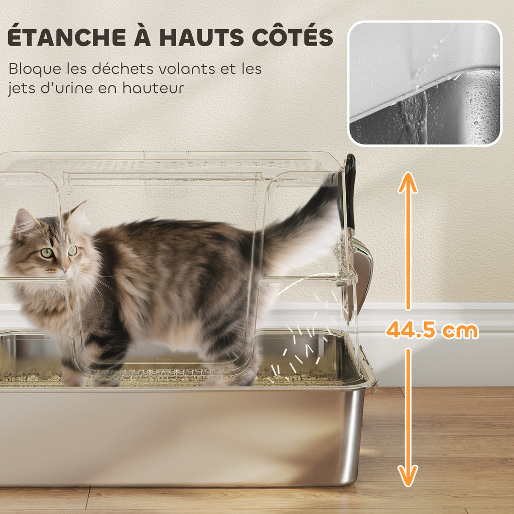 Bac à Litière XL en Acier Inoxydable pour Grand Chat, Couvercle Pivotant 100°, Pelle, 60,2x40,2x44,5cm, Gris Clair-7