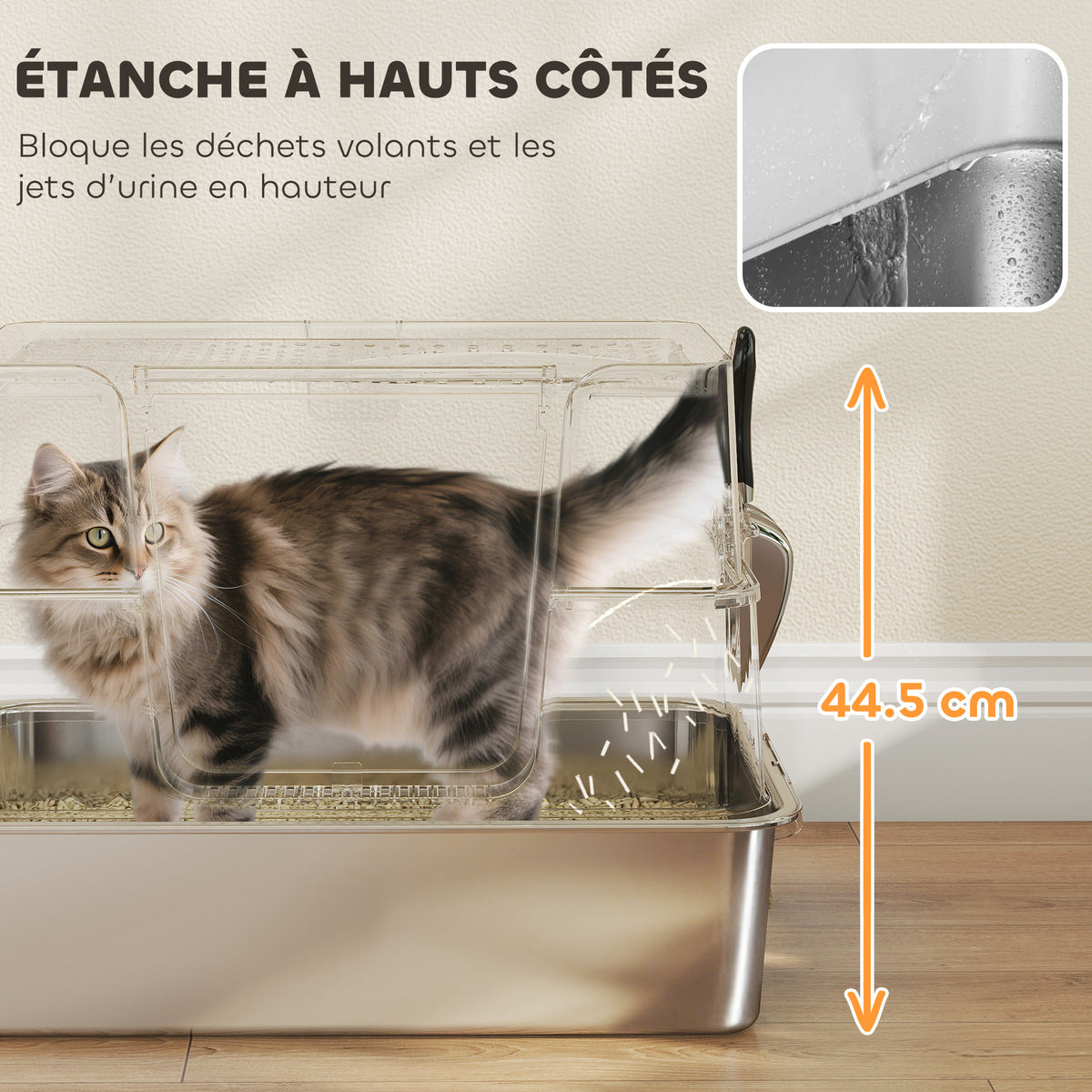 Bac à Litière XL en Acier Inoxydable pour Grand Chat, Couvercle Pivotant 100°, Pelle, 60,2x40,2x44,5cm, Gris Clair-7