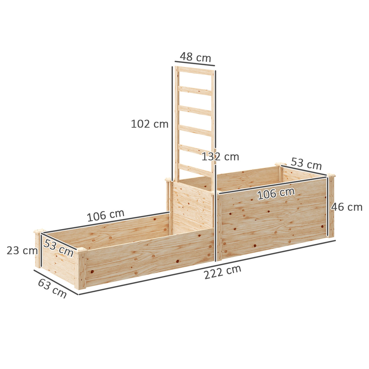 Jardinière avec treillis à 2 bacs avec fond ouvert, pour balcon terrasse patio, 222 x 63 x 132 cm, effet bois naturel-2