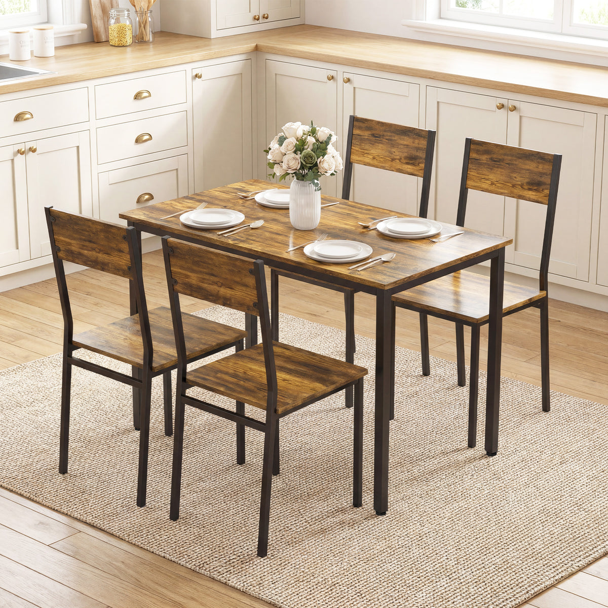 Ensemble table salle à manger avec 4 chaises, table de cuisine avec chaises 4 personnes, pieds en métal, brun rustique-1