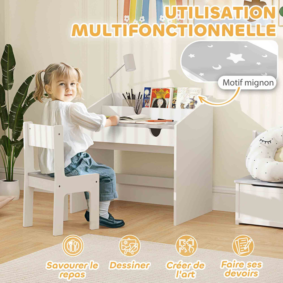 Ensemble Bureau et chaise pour enfants, avec rangement, tiroir coulissant, pour les 3-6 ans, motif étoilé - Gris-3