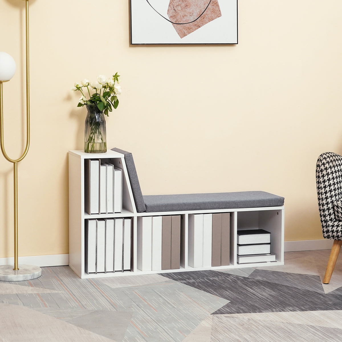 Bibliothèque banc 2 en 1 avec 5 compartiments de rangement et 2 coussins 108 x 30 x 60 cm blanc gris-1
