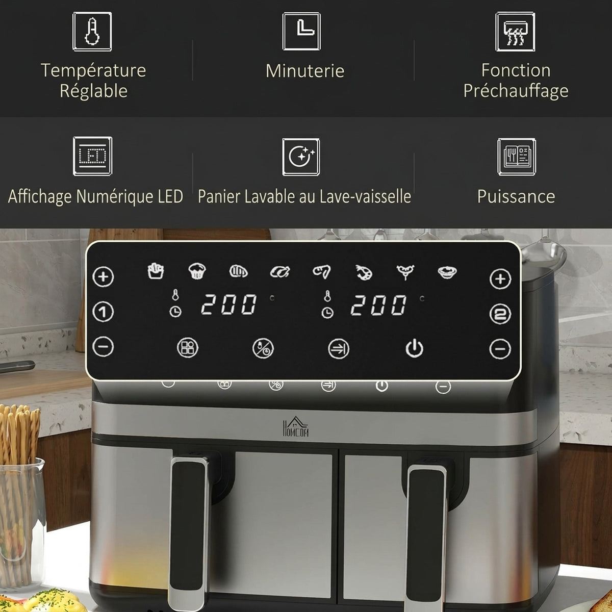 Friteuse à air sans huile, Air Fryer, double compartiment 8,5 L, 2700 W - 8 programmes, température réglable, minuterie-6