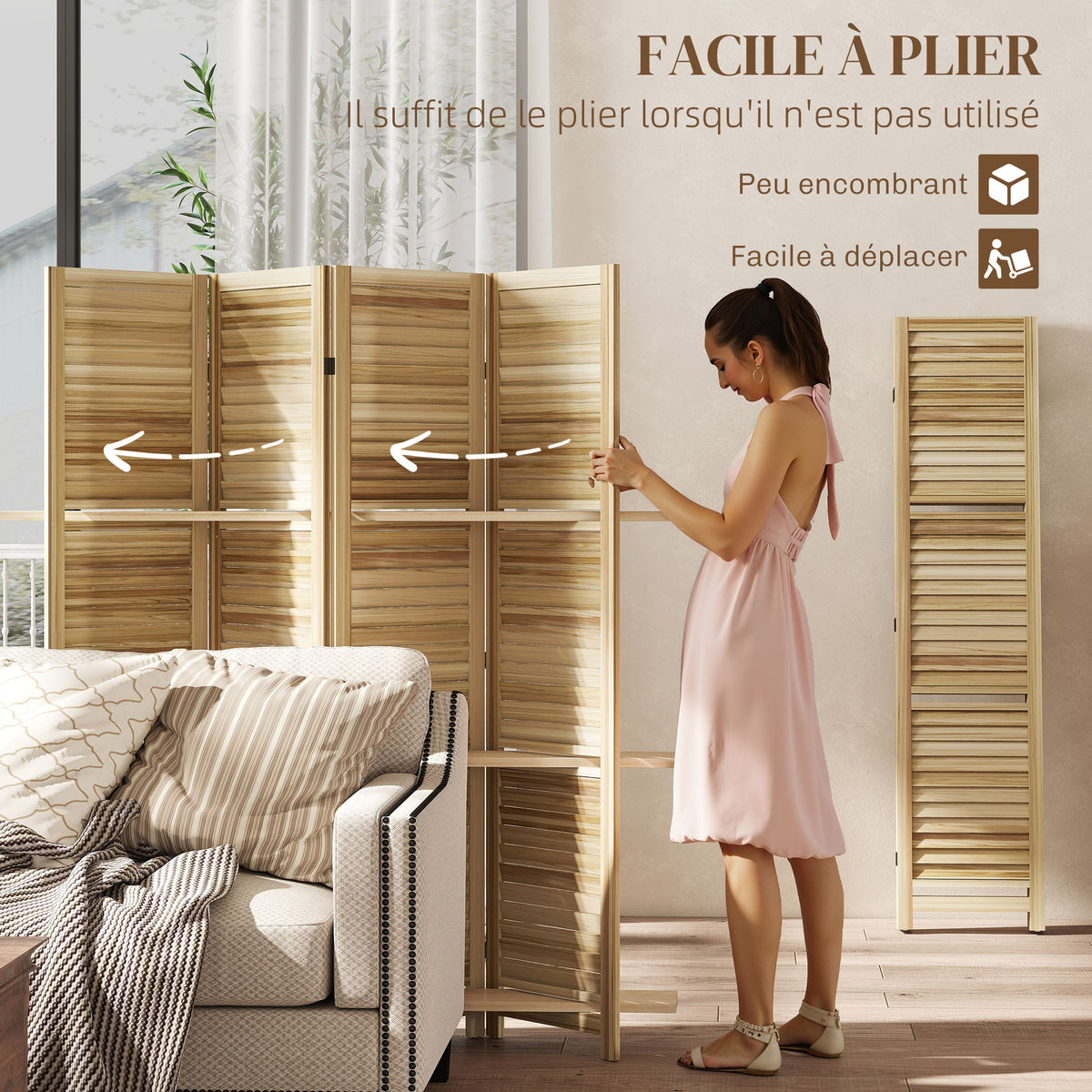 Paravent intérieur en bois 4 panneaux 160 x 170 cm, séparateur de pièce pliable avec 3 étagères, bois naturel-4