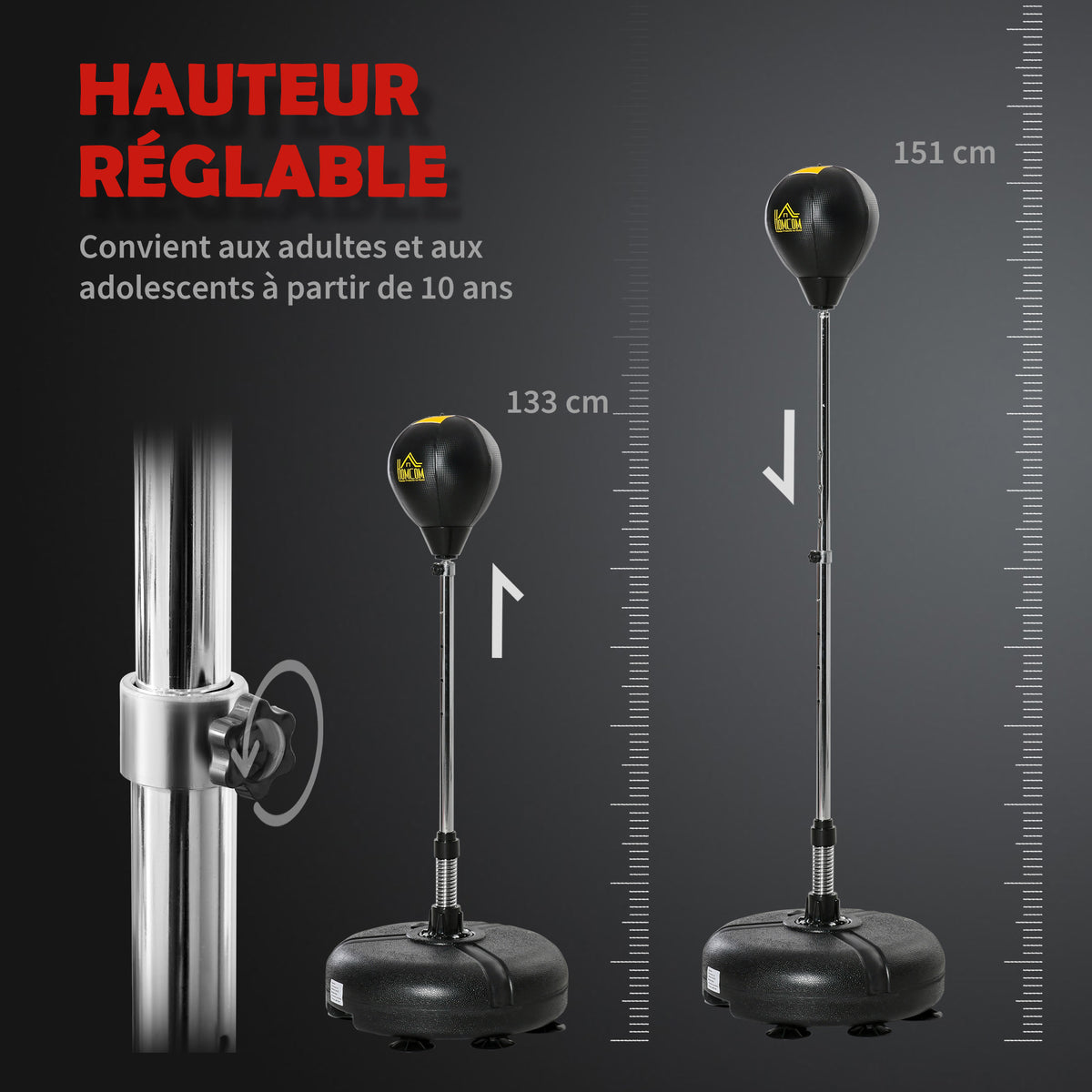Punching ball sur pied réglable hauteur 133 -151 cm, sac de frappe sur pied 2 gants base lesté 45 x 45 x 133-151 cm noir-3
