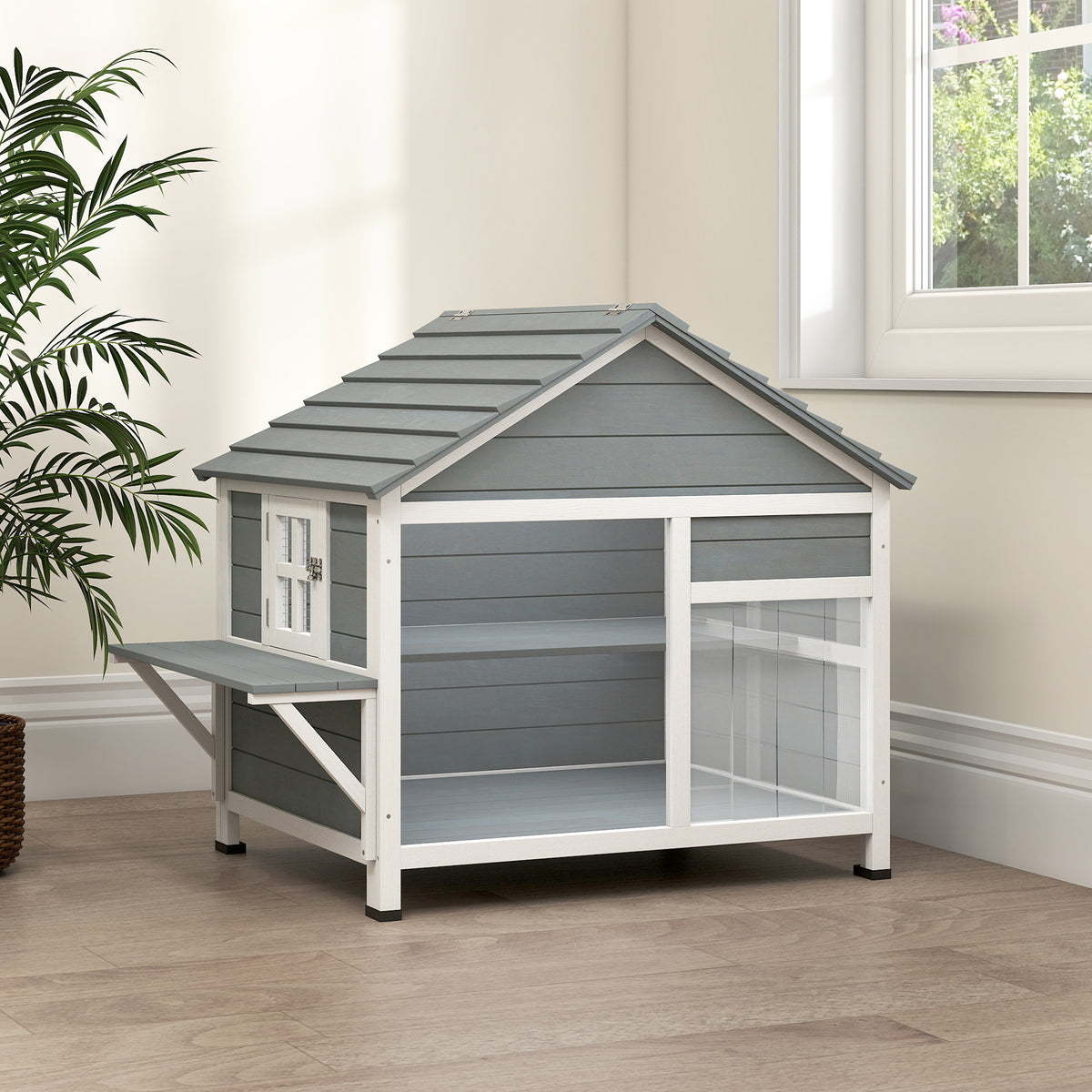 Maison pour Chat Extérieur Toit Ouvrant Fenêtre Panoramique Porte à Lamelles et Plateforme de Repos 101x72,5x81cm Gris-1