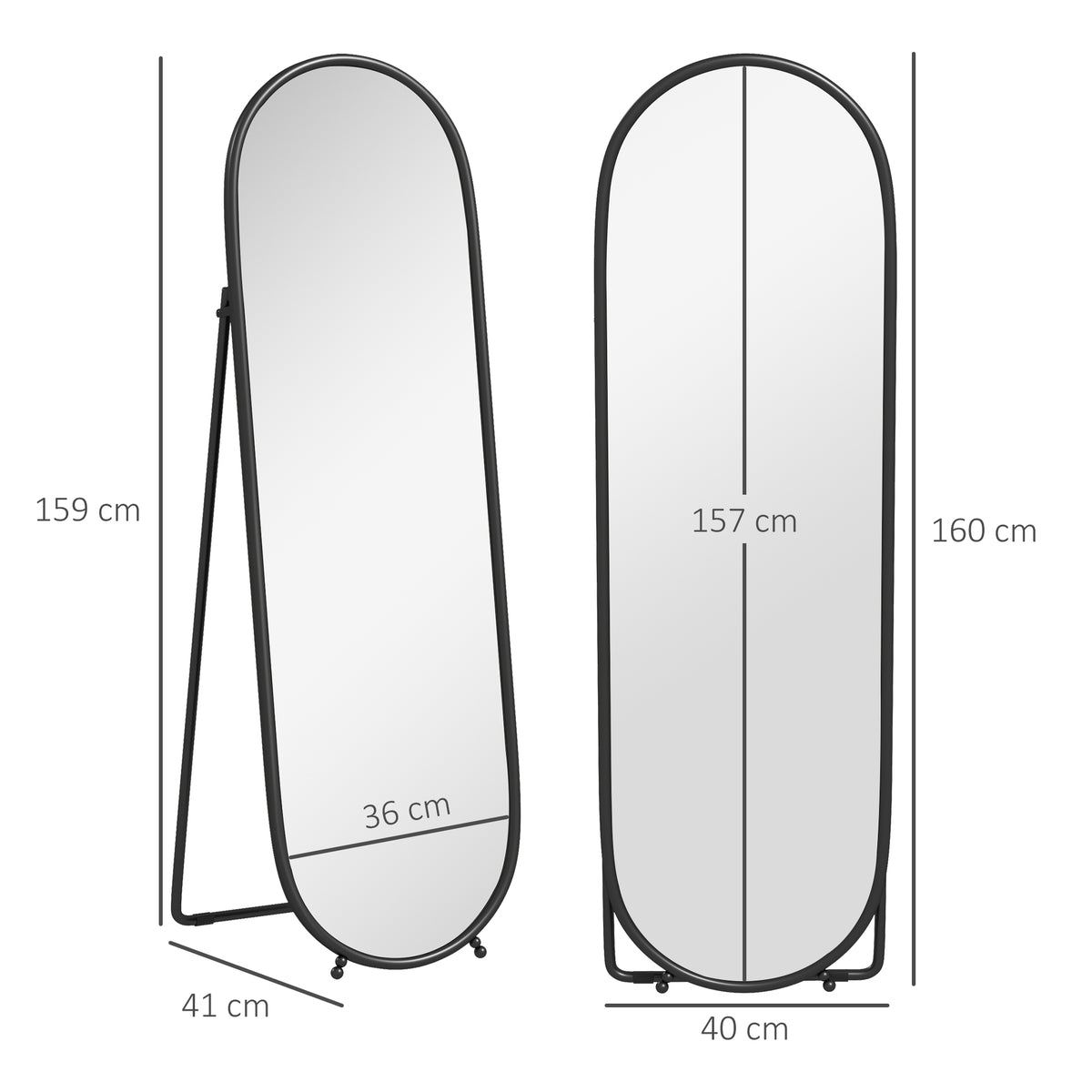 Grand miroir sur pied, miroir ovale, cadre en métal noir, avec support pour entrée, chambre, dressing, 40 x 160 cm-2