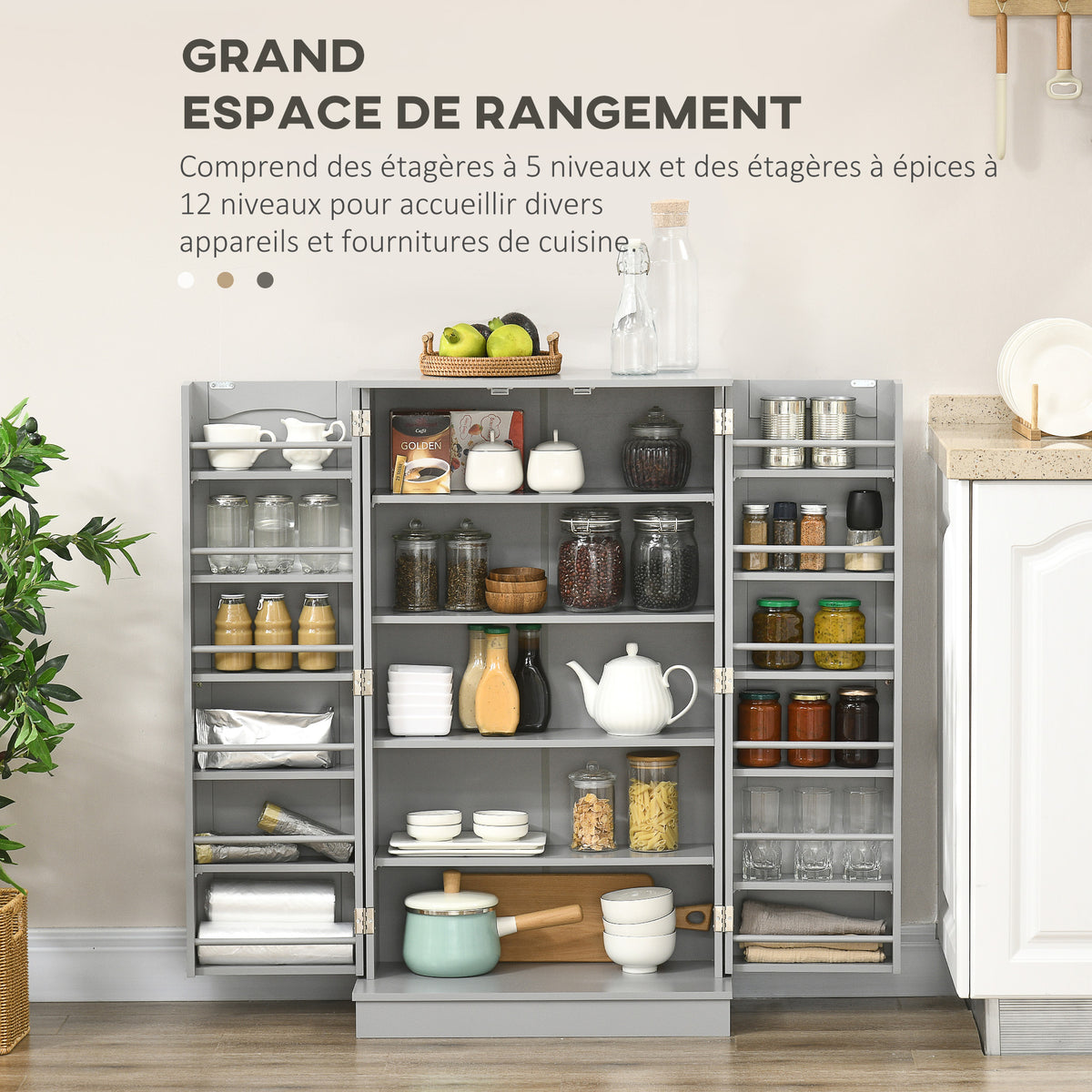 Armoire meuble de cuisine garde-manger 2 portes avec 5 étagères et 12 porte-épices - 60 x 30 x 104 cm - gris-3