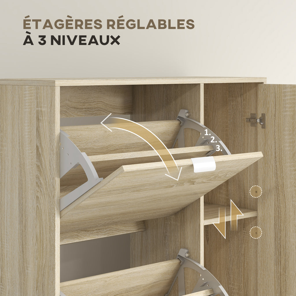 Meuble à chaussures avec 4 abattants, 2 placards et façades miroir pour 16 paires de chaussures, meuble d'entrée-5