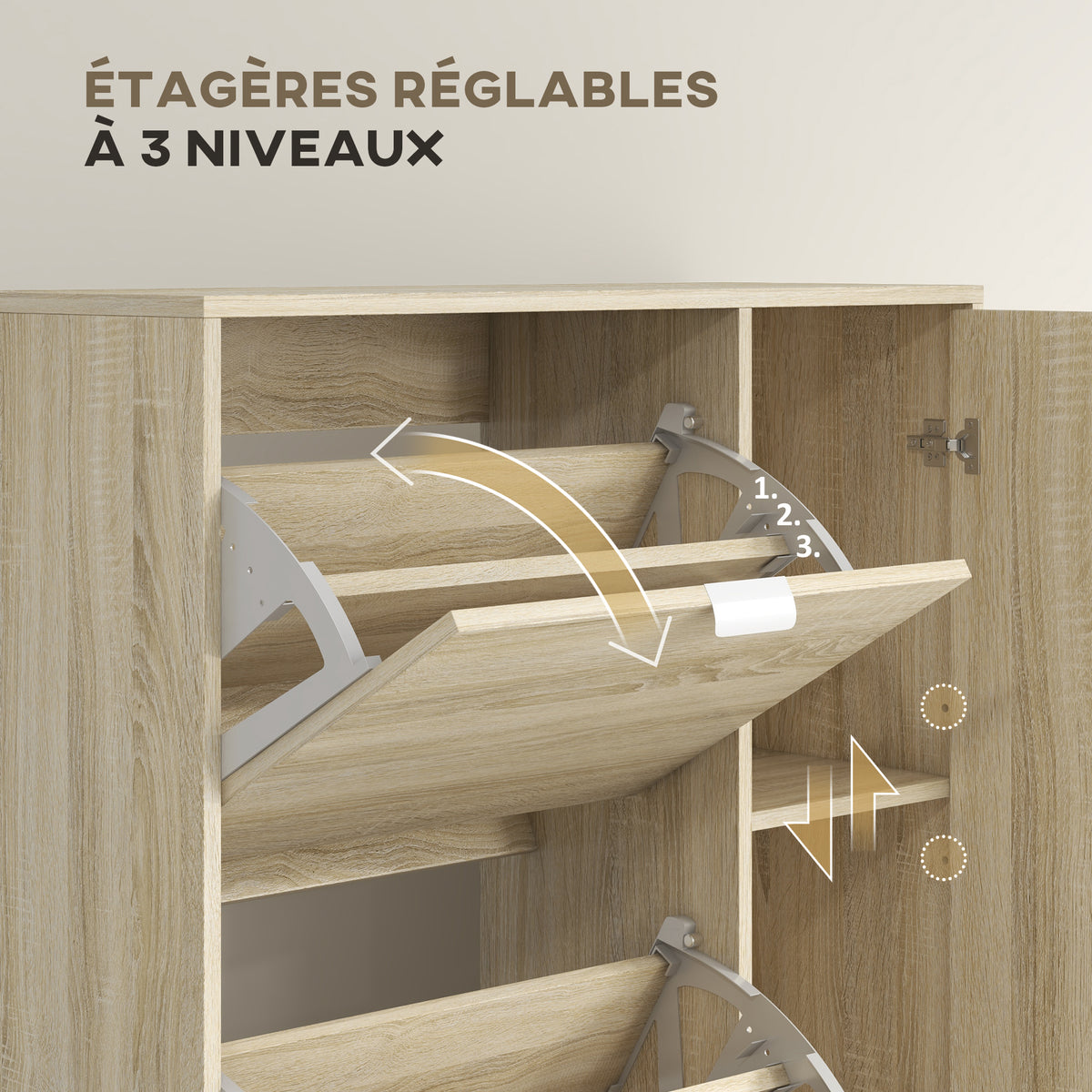 Meuble à chaussures avec 4 abattants, 2 placards et façades miroir pour 16 paires de chaussures, meuble d'entrée-5