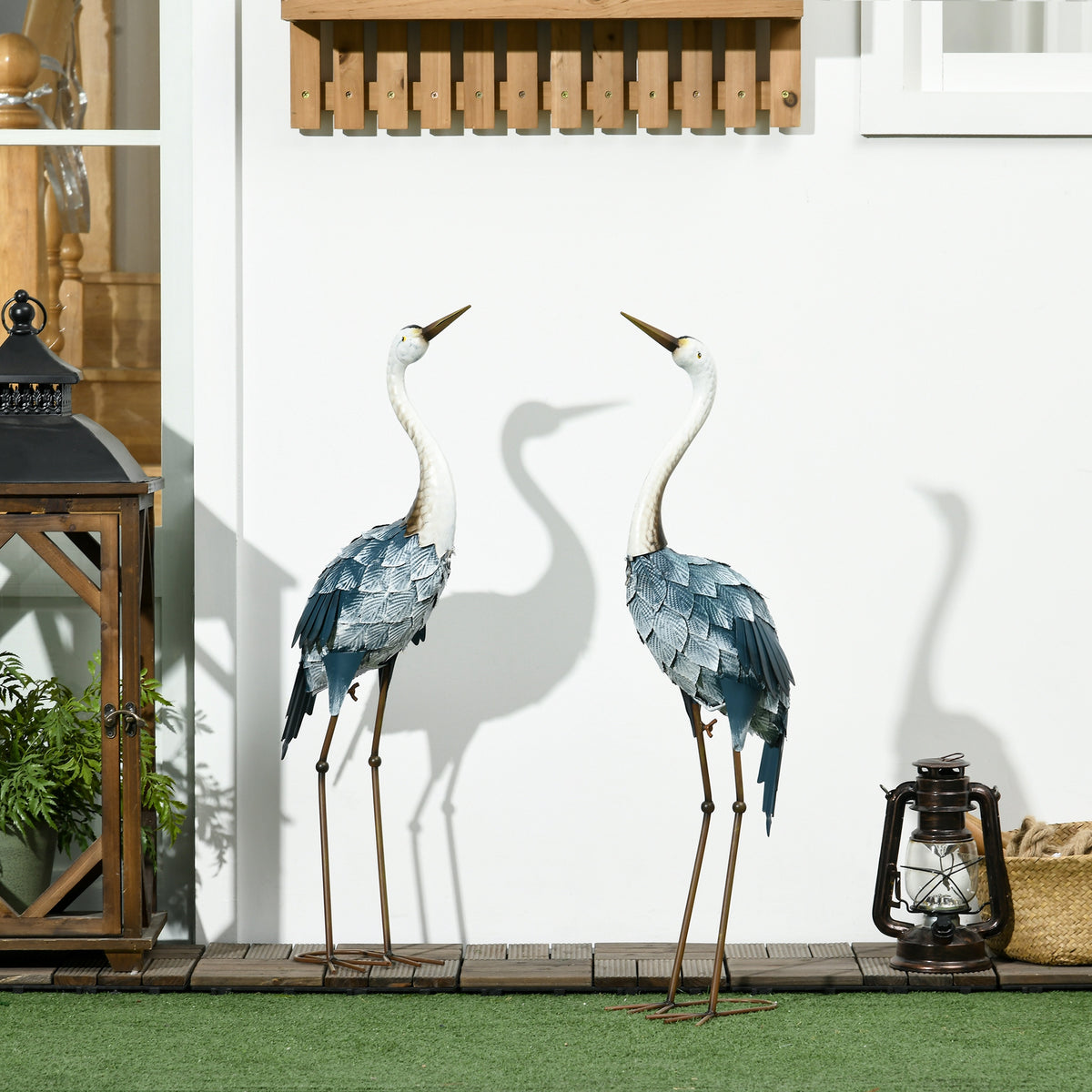 Lot de 2 statues de jardin sculpture de la grue décoration d'oiseau extérieure acier pour terrasse balcon cour pelouse-1