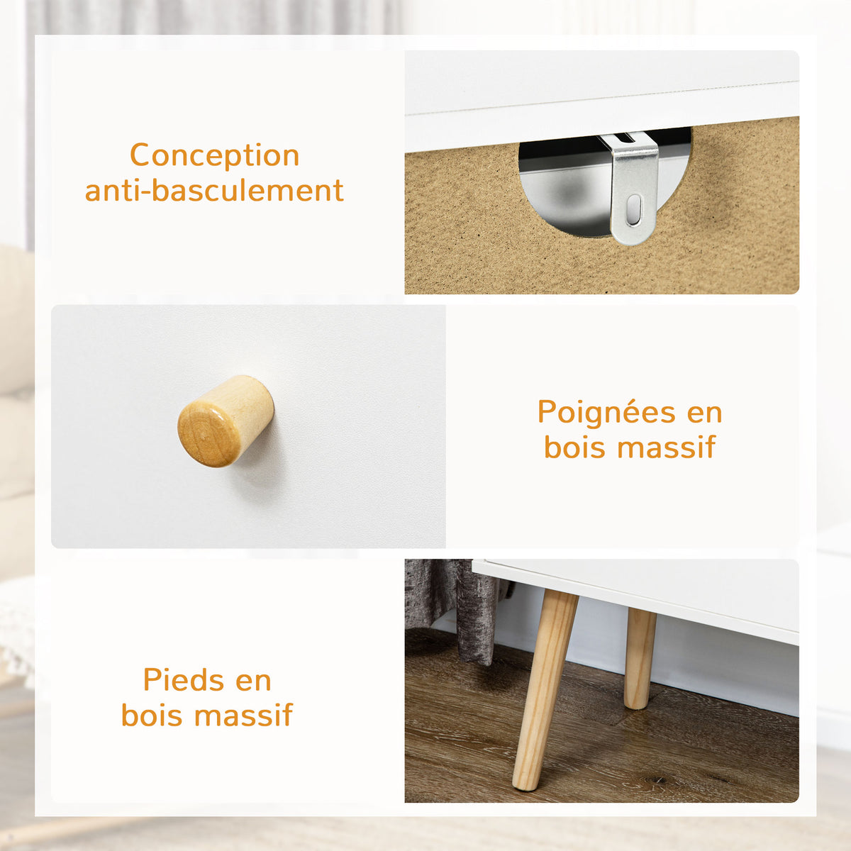 Commode 3 tiroirs design scandinave piètement effilé incliné bois pin panneaux blanc80 x 30 x 80 cm blanc-5