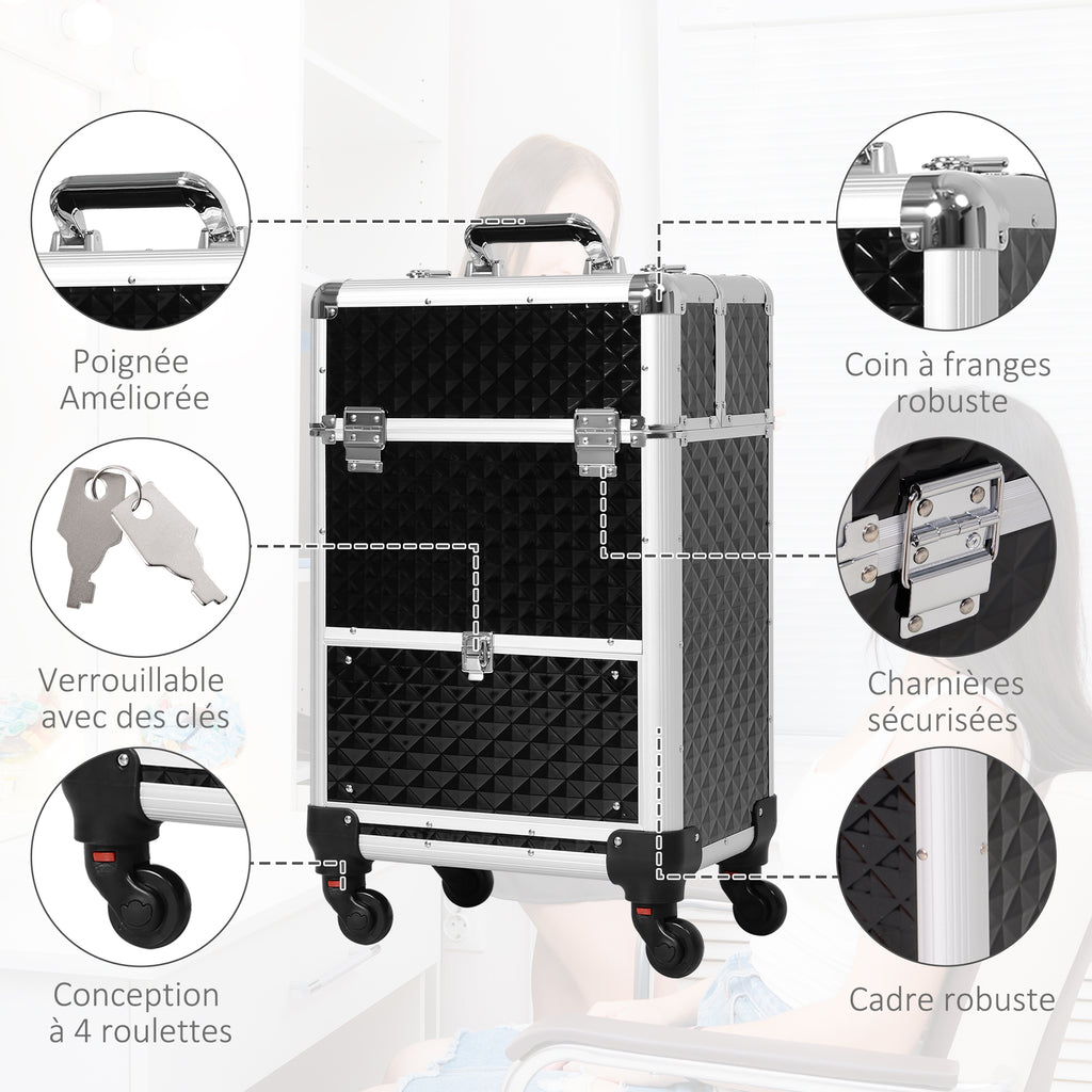 Valise trolley maquillage mallette cosmétique vanity poignée télescopique réglable 34L x 25l x 62H cm alu. noir-4