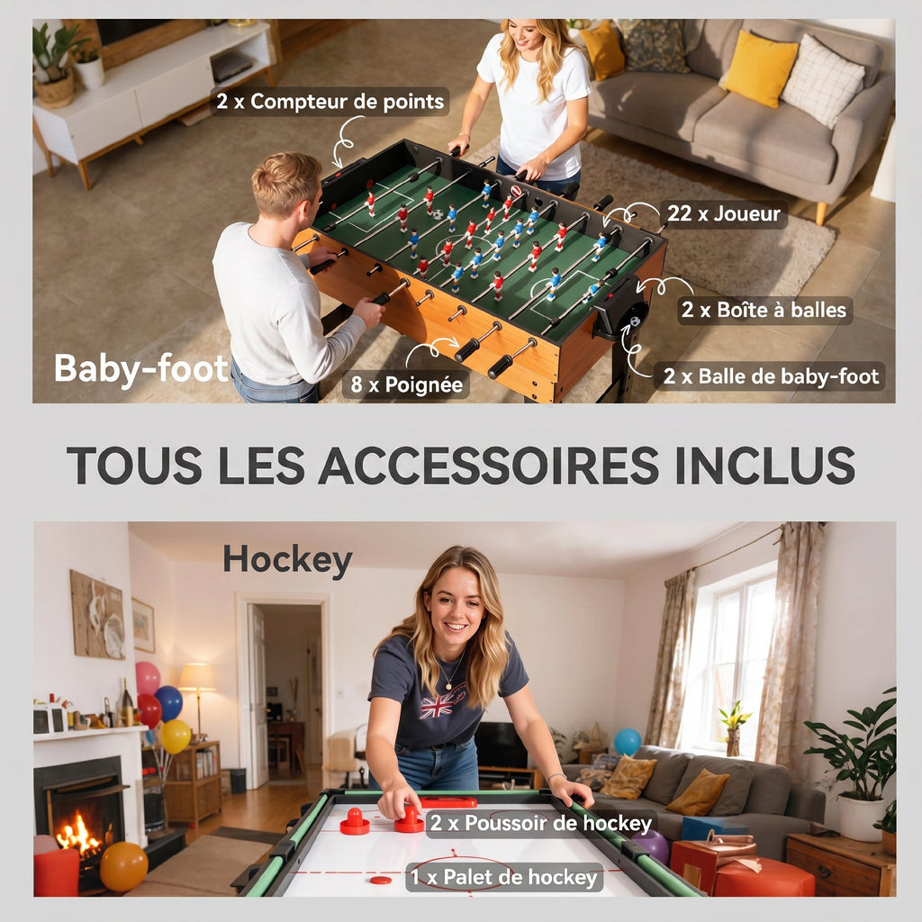 Table MultiJeux 5 en 1 Babyfoot Billard Air Hockey Ping-Pong et Basket Accessoires 134x108x144cm Marron Noyer-6