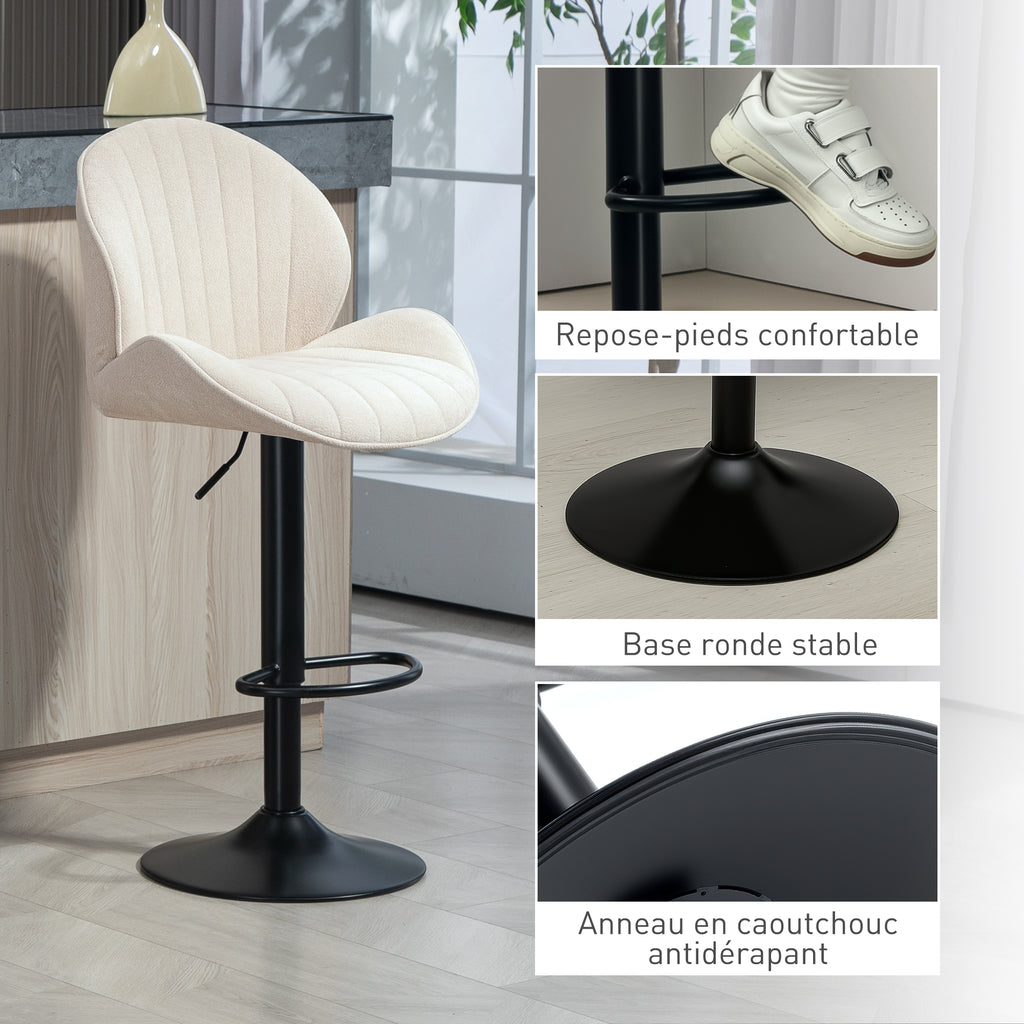 Lot de 2 tabourets de bar forme de coquillage, dossier, hauteur réglable et repose-pieds, cadre en acier, beige-8