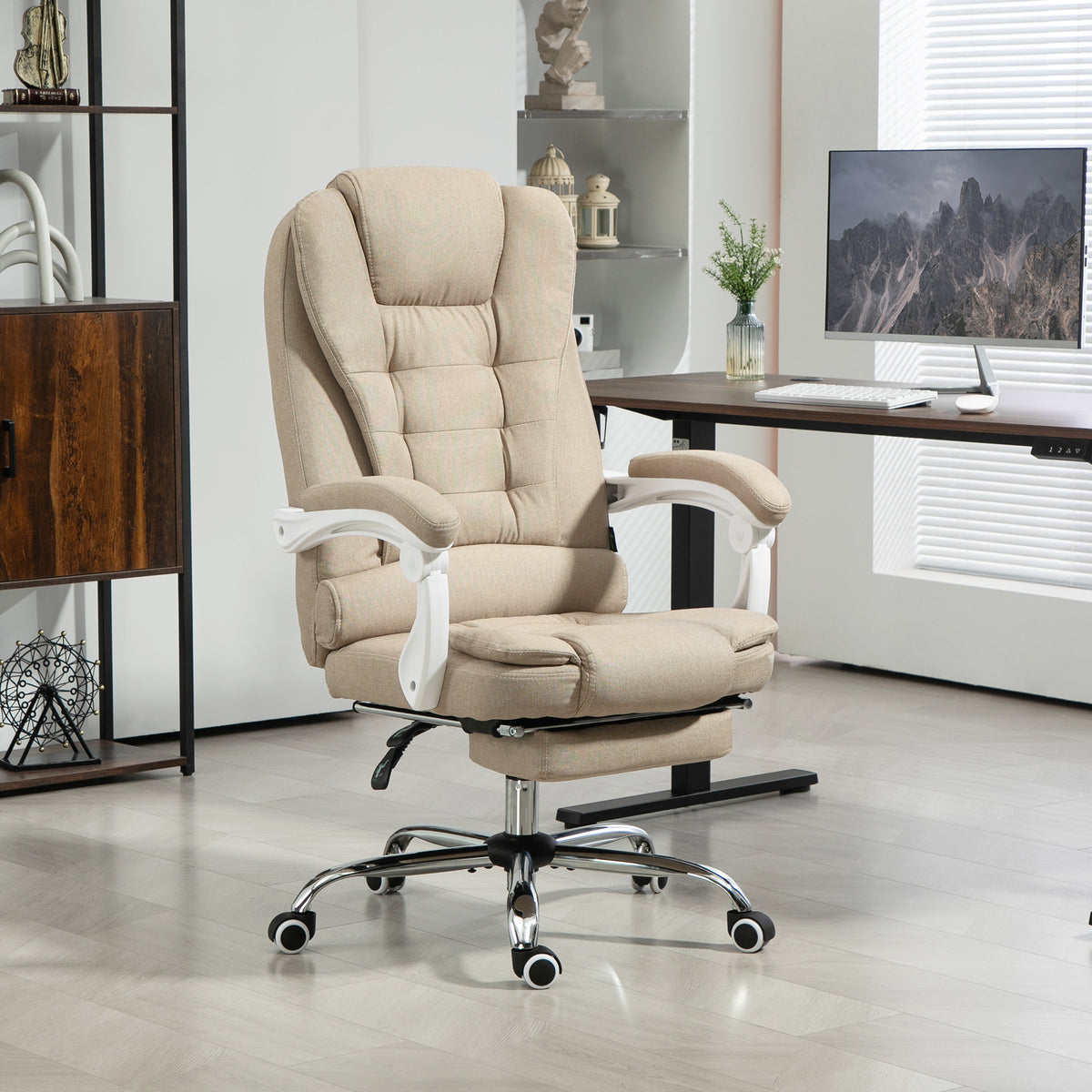 Fauteuil de bureau manager chaise pour ordinateur avec repose-pied dossier inclinable accoudoirs rembourrés en lin beige-1
