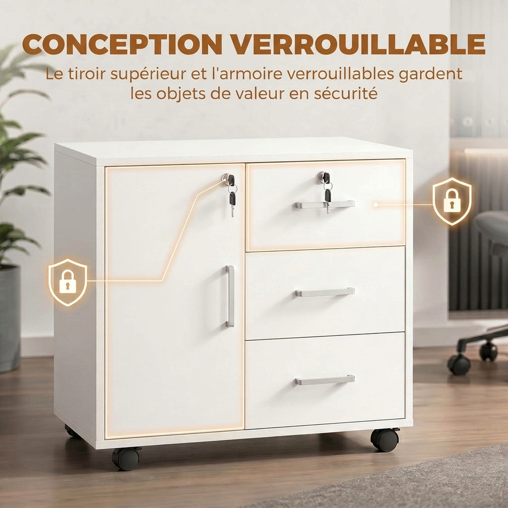 Caisson bureau meuble de rangement verrouillable avec 3 tiroirs et étagère réglable, roulettes, 40 x 60 x 56 cm, blanc-4