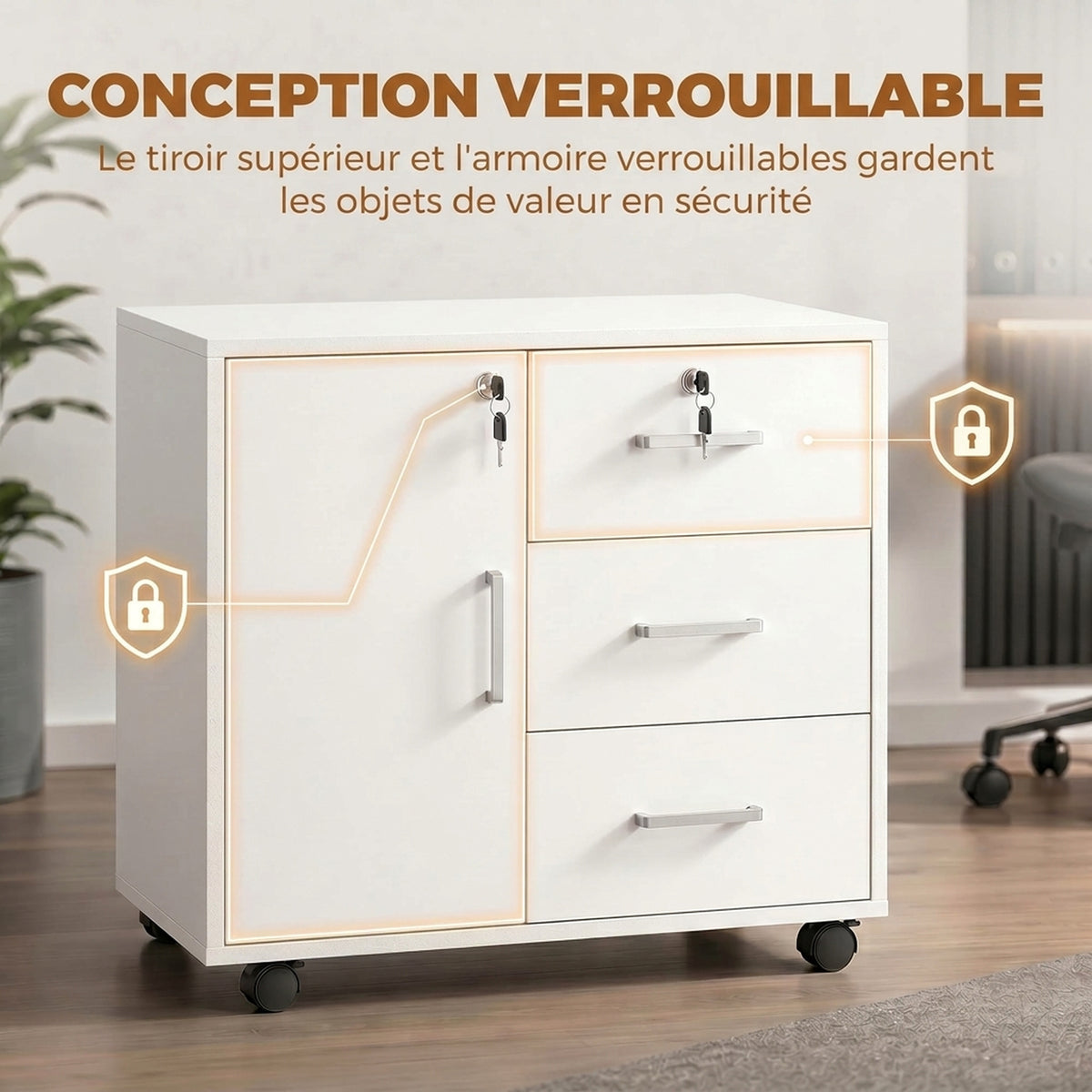 Caisson bureau meuble de rangement verrouillable avec 3 tiroirs et étagère réglable, roulettes, 40 x 60 x 56 cm, blanc-4