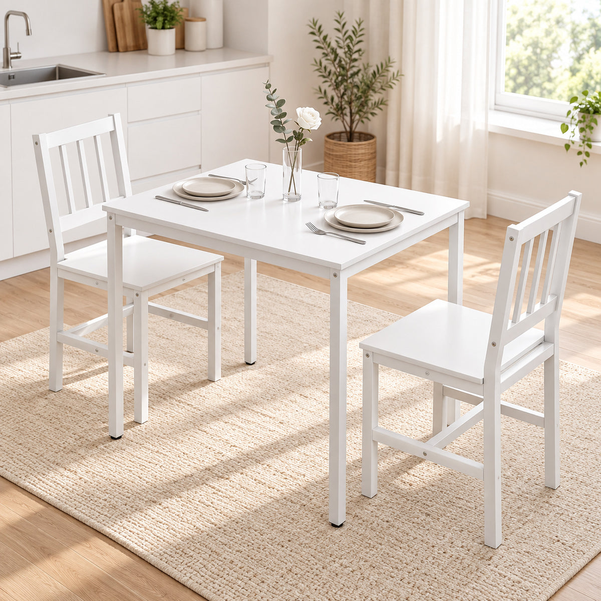 Ensemble Table Salle à Manger avec 2 Chaises, Table de Cuisine Rectangulaire 80 cm, Chaises à Dossier à Lattes, Blanc-8